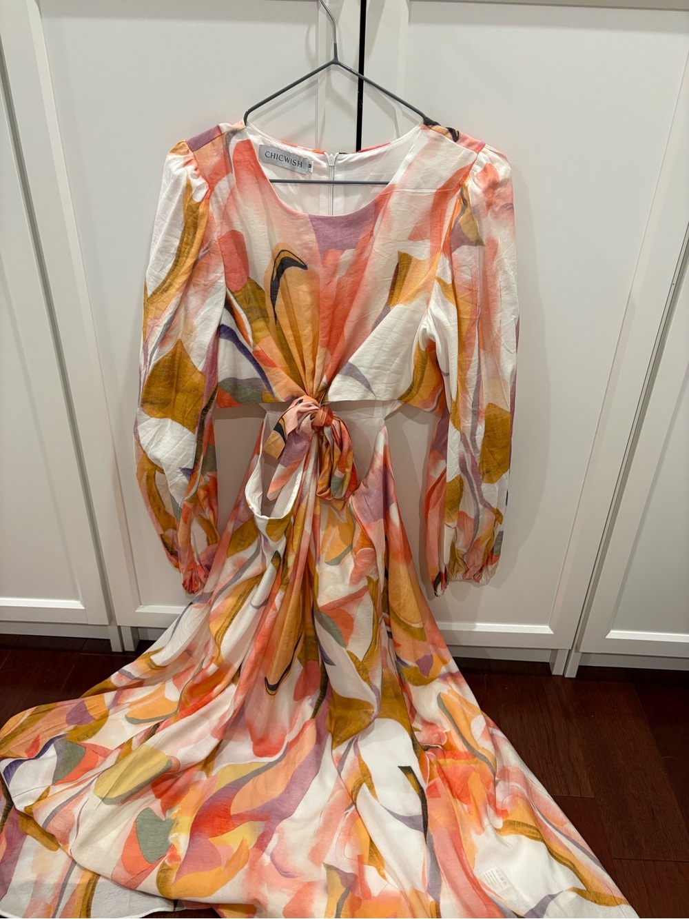 Chicwish White Multicolor Tie-Front Long Sleeve Maxi Dress with Cutouts